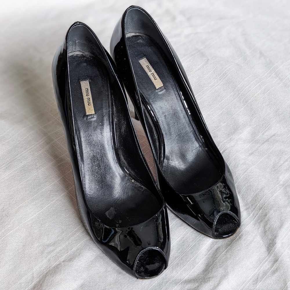 Miu Miu Patent Leather Peep Toe Pumps